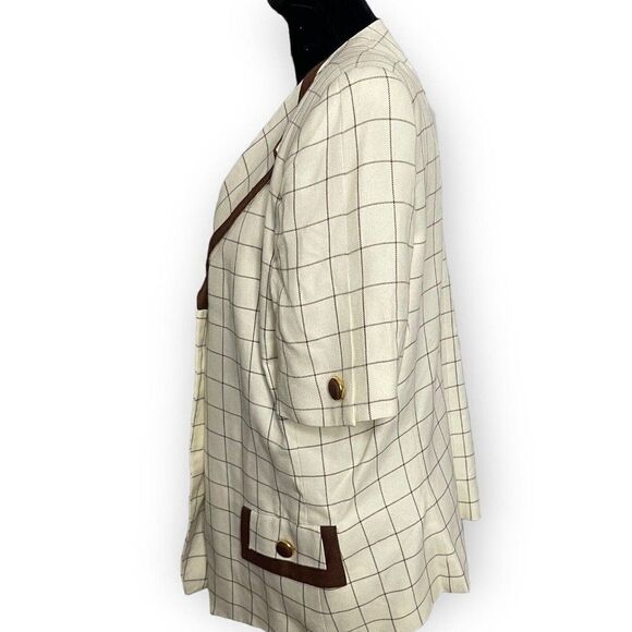 Vintage Kasper  ASL Womens Brown Cream Blazer Blouse Size Large Grid Print Top - Picture 6 of 11